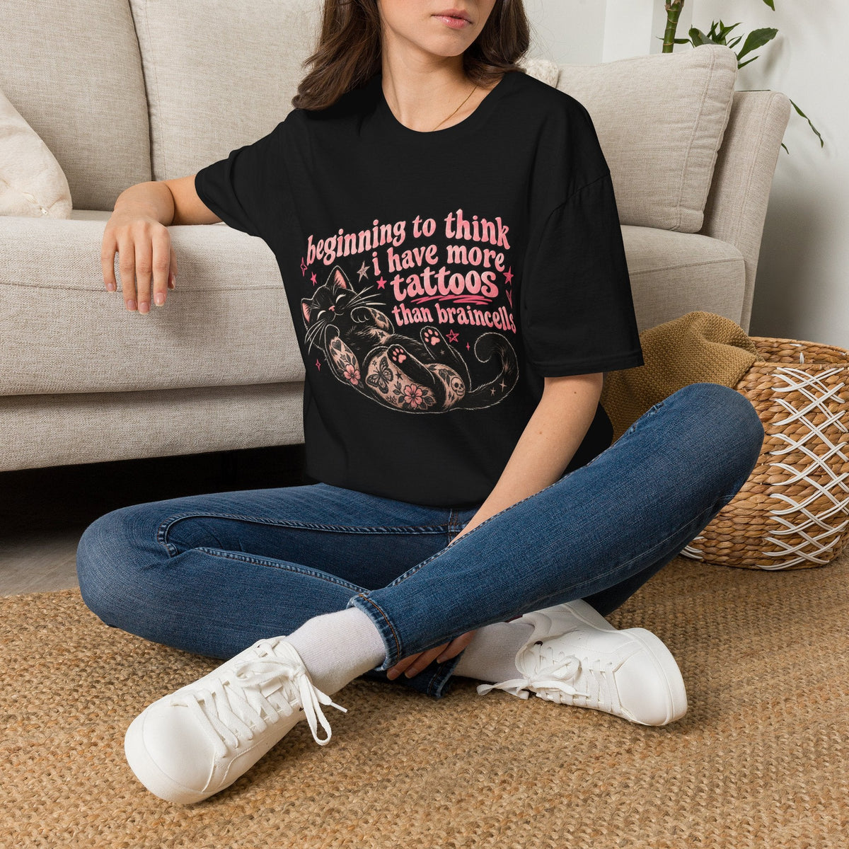 Beginning to Think I Have More Tattoos Than Braincells - T-Shirt Cat Graphic - CorMerch